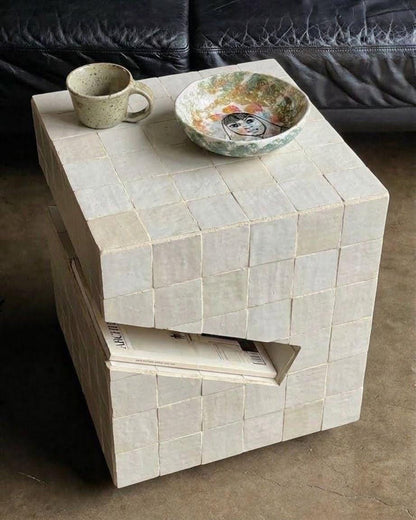 Zellige Cube Side Table with Hidden Drawer | Handmade Moroccan Mosaic Tile | Custom Color & Size