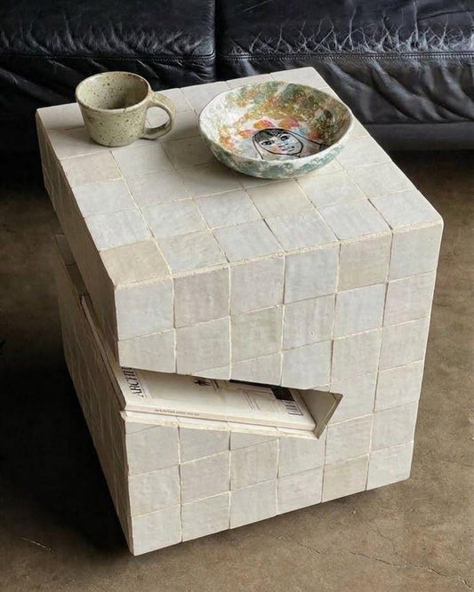 Zellige Cube Side Table with Hidden Drawer | Handmade Moroccan Mosaic Tile | Custom Color & Size
