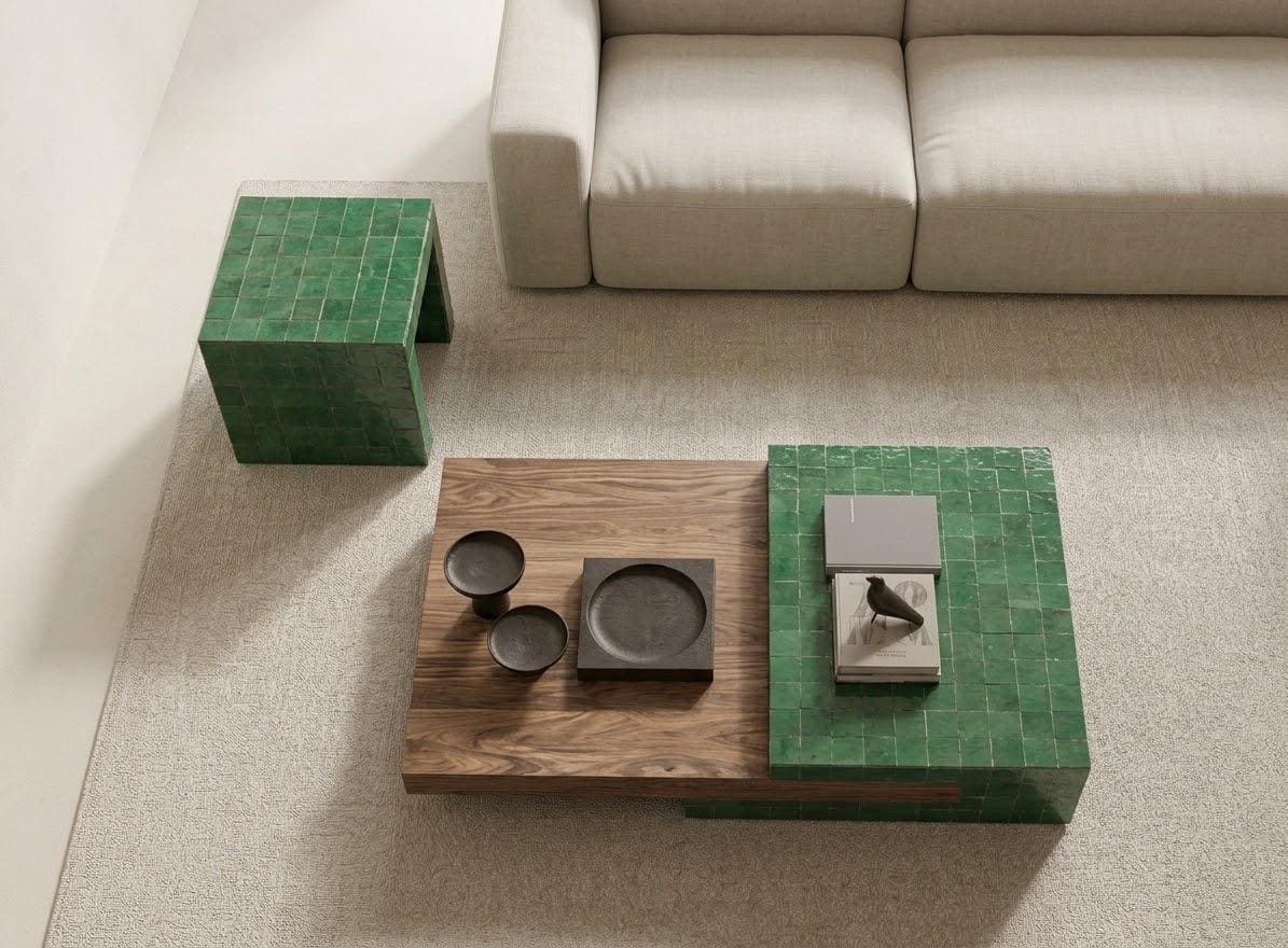 Modern Zellige Coffee Table | Walnut Wood & Black Mosaic Tile | Designer Split-Block Furniture, Custom Size