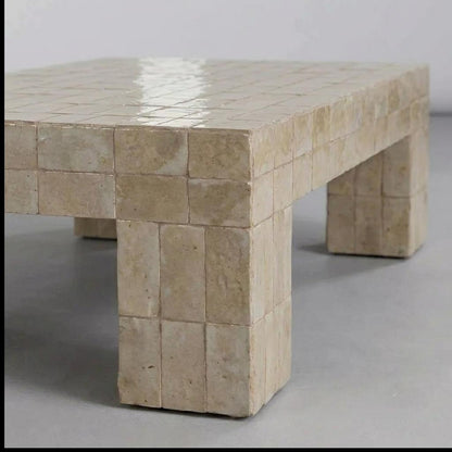Handmade Moroccan Zellige Coffee Table | Seamless Beige Tile, Custom Size