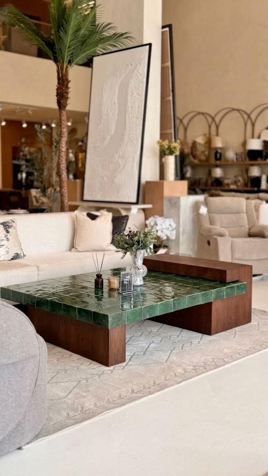 Zellige Coffee Table with Wood Base | Handmade Mosaic Tile Top, Layered Wood Block Base | Custom Color