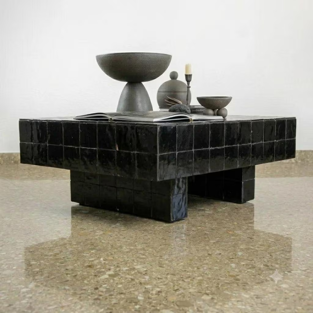 Moroccan Mosaic Coffee Table | Glossy Beige Zellige - Luxury Handmade Custom Color Table