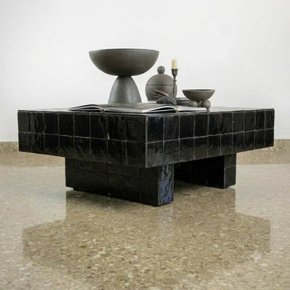 Moroccan Mosaic Coffee Table | Glossy Beige Zellige - Luxury Handmade Custom Color Table