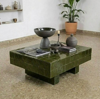 Moroccan Mosaic Coffee Table | Glossy Beige Zellige - Luxury Handmade Custom Color Table