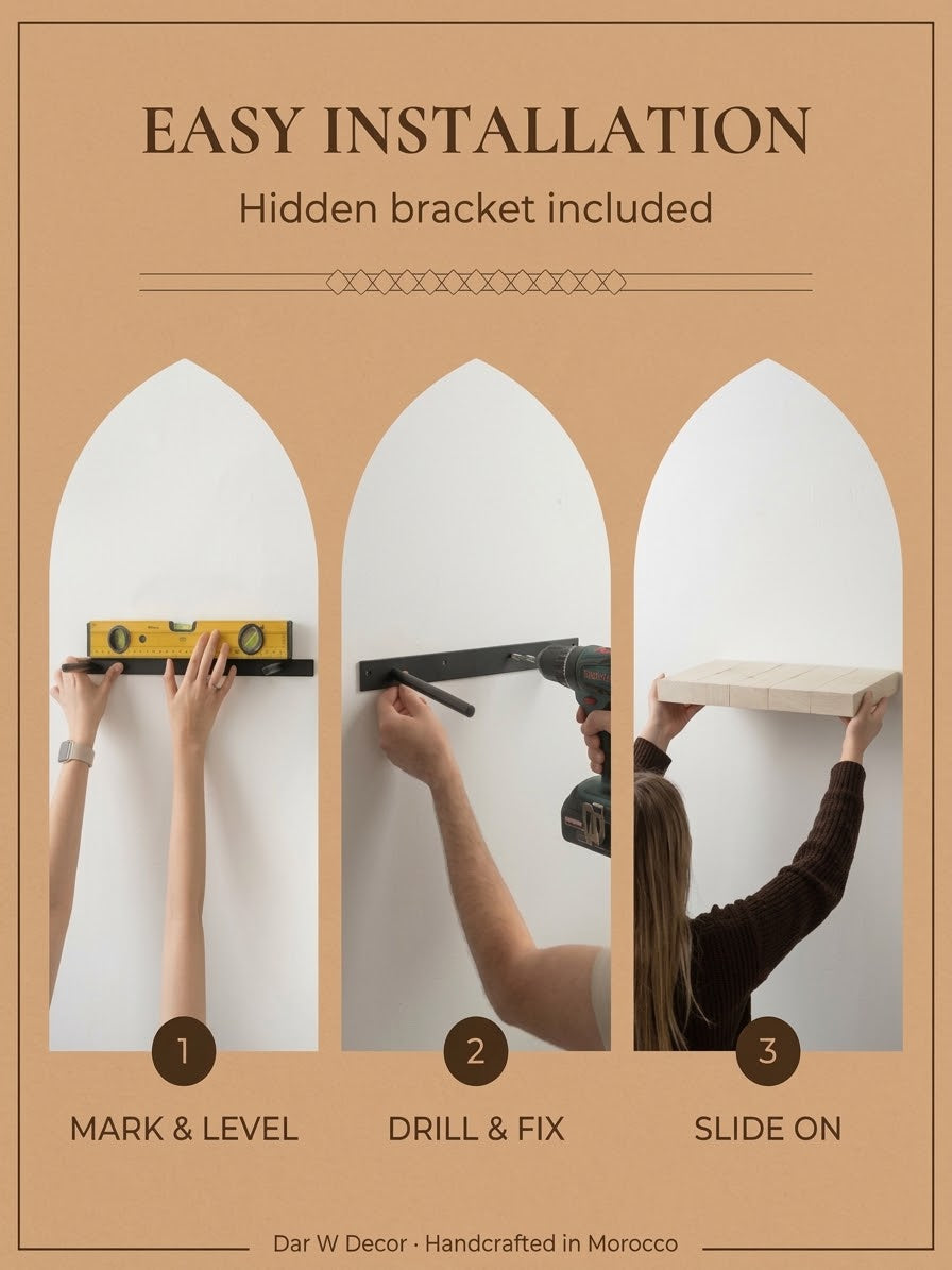 Zellige Floating Shelf, Handmade Moroccan Tile Wall Shelf with Hidden Bracket