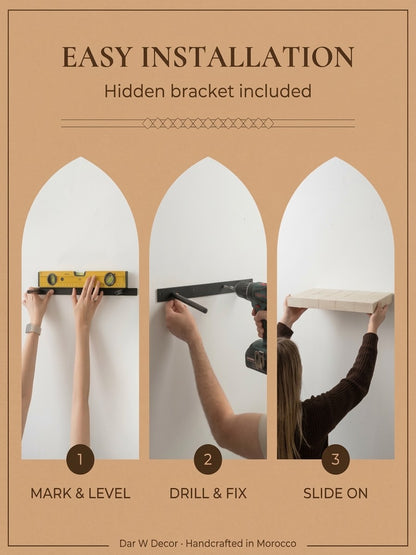 Zellige Floating Shelf, Handmade Moroccan Tile Wall Shelf with Hidden Bracket